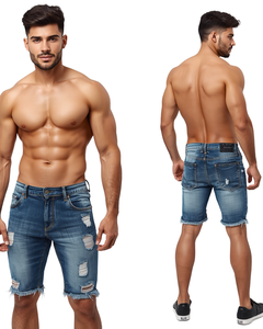 Shorts Bermuda en jean déchiré pour homme, taille mi-haute, fermeture boutonnée, style décontracté, design déchiré, tissu 100% coton tissé - Product Image 4