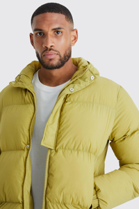 Men's Puffer Jacket Winter Casual Windproof Thick Polyester Filling Regular Fit Solid Color <b>Covered</b> <b>Button</b> Closure Patchwork - Product Image 2