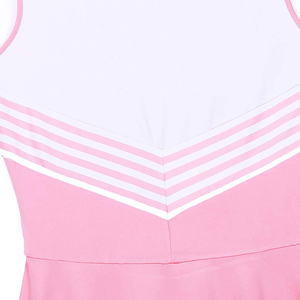Robe d'uniforme de cheerleading rose imprimée par transfert thermique, style jupe à blocs de couleurs avec rayures blanches, 100 % polyester, couleur personnalisable pour - Product Image 4