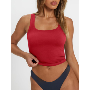 Débardeur court côtelé rouge à col carré pour femme, tricoté, uni, décontracté, écologique, OEM - Product Image 6