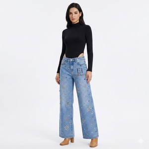 Custom logo Women's Rhinestone Embellished Wide Leg Jeans High Waist Blue Denim <b>Pants</b> <b>Y2K</b> Luxury Streetwear Wholesale - Product Image 3