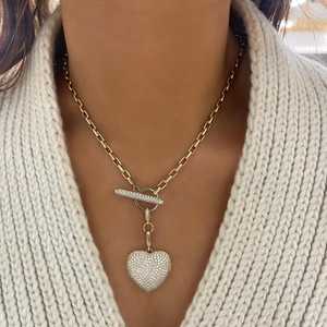 Diamond Heart <b>Necklaces</b> Pave Set <b>Toggle</b> Statement Custom 10K 14K 18K Solid Gold Bridal Wedding Removable Charms Holder Wholesale - Product Image 2