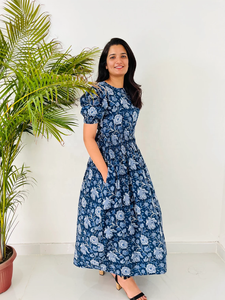 Robe longue décontractée en coton indien, imprimée à la main, à manches courtes, brodée de fleurs, pour femme, cadeau pour elle - Product Image 4