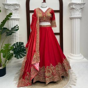 Premium <b>Red</b> Chinon Sequins Embroidered Semi Stitched Lehenga Choli With Digital Printed Dupatta Manufacture By Royal Export - Product Image 2