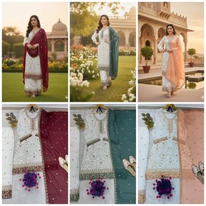 Ensemble de costume plazo pour femme en faux georgette épais avec broderie et sequins, longueur cheville |   Entièrement cousu, traditionnel, ethnique indien - Product Image 2
