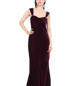 Robe longue en velours bordeaux de luxe moderne |   Robe de soirée élégante longue jusqu'au sol |   Robe en velours sans manches avec bretelles ornées - Product Image 1