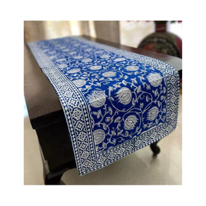 ผ้าปูโต๊ะลายดอกไม้สีน้ำเงินปักลายชนเผ่า ดีไซน์ทันสมัย ผลิตจากผ้าฝ้าย 100% ความหนาแน่น 200 GSM ขนาด 96 นิ้ว ผลิตในอินเดีย รับผลิตแบบ OEM ODM มาตรฐาน ISO จัดส่งผ่าน DHL - Product Image 1