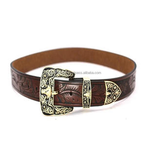 Cinturón de Cuero Genuino de Vaca Hecho a Mano con Grabado Floral, Estilo Occidental para Hombre, con Hebilla de Diseño Sólido de Tres Piezas - Product Image 6