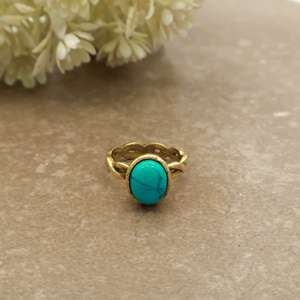 Vintage Oval <b>Turquoise</b> <b>Ring</b> 14K Gold Plated Scalloped Infinity Band Boho Western Unisex Daily Wear Jewelry - Product Image 1