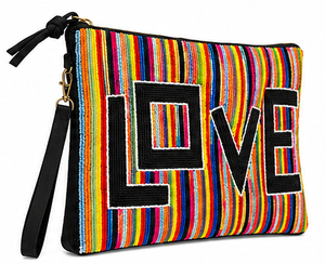 Rainbow Beaded LOVE <b>Clutch</b> Wristlet – Handmade Colorful Statement Pouch- Multicolor Striped Beaded <b>Clutch</b> with LOVE Design - Product Image 3