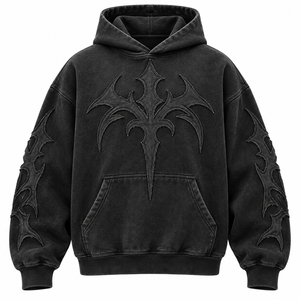 Sudadera con capucha extragrande para hombre, negra lavada, con arte en las mangas, estilo urbano, fabricante personalizado, OEM, venta al por mayor - Product Image 2