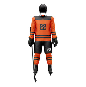 Ensemble d'uniformes de hockey sur glace personnalisés pour hommes, maillot et pantalon rayés orange et noir, manches longues, impression sublimée, évacuation de l'humidité, coupe athlétique - Product Image 1