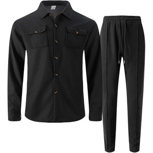 Men's Black Cotton Knitted Shirt <b>Pants</b> Set Turn-<b>down</b> Collar Solid Color Casual Autumn Wear - Product Image 1