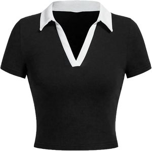 Camiseta polo para mujer, elegante, con ribete en contraste, tela de malla transpirable, ligera, informal, deportiva, de diseño. - Product Image 1