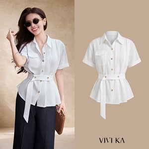 Chemise blanche à manches courtes boutonnée pour femme avec ceinture à la taille, chemisier de bureau élégant en popeline de coton pour le printemps et l'été SILAS - Product Image 1