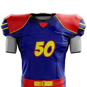 Maillot de football américain unisexe 50 bleu et rouge, sublimé, anti-humidité, ajusté, manches courtes, 100 % polyester, personnalisable avec le nom de l'équipe - Product Image 6