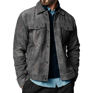 Men's <b>Suede</b> <b>Leather</b> <b>Jacket</b> Workwear Style Turn-down Collar Washed Finish Button Closure Autumn Outerwear - Product Image 1