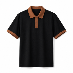 T-shirt de golf personnalisé pour homme, col contrastant noir et marron, en piqué de coton tricoté respirant, manches courtes, été - Product Image 1