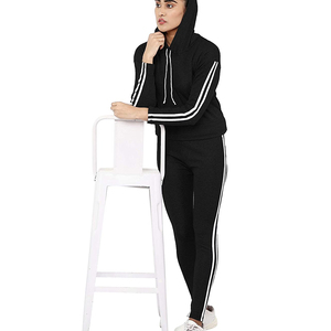 Women <b>Black</b> Hooded Tracksuit Set Full Sleeve Striped <b>Leggings</b> Sporty Athletic Wear Breathable Midweight Spring Casual Outfit - Product Image 5