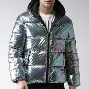 Men's Hooded Puffer Jacket Iridescent Gradient Color Windproof <b>Thick</b> Polyester Wadding Casual <b>Winter</b> <b>Coat</b> Zipper Closure - Product Image 1