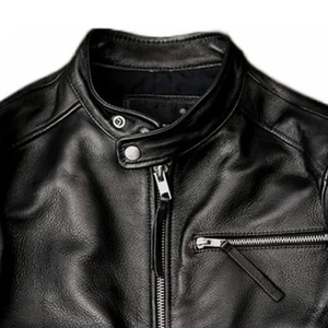 Men's Genuine Leather Motorcycle <b>Jacket</b> Stand Collar Zipper Closure Solid Color Autumn Regular Fit - Product Image 3