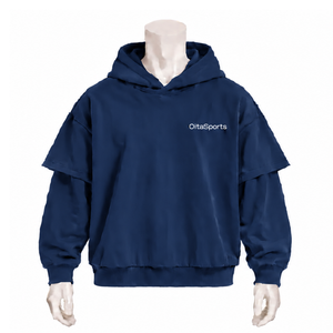 <b>Navy</b> Blue Double Layer Hoodie Oversized Short Sleeve Overlay Long Sleeve Pullover Vintage Streetwear Casual Hooded <b>Sweatshirt</b> - Product Image 1