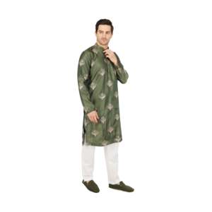 Conjunto de Kurta de Diseñador para Hombre, Verde Oliva, Satén Semiseda con Bordado de Motivos Metálicos y Adornos de Lentejuelas - Product Image 3