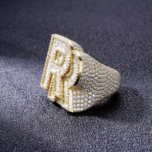 <b>Gold</b> Plated Letter R <b>Cocktail</b> <b>Ring</b> With Micro Pave Cubic Zirconia Emerald Cut Stones Mens Hiphop Party Jewelry Available at sale - Product Image 4