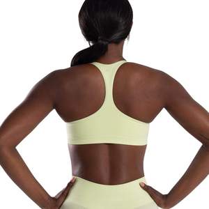 Custom Logo Pale <b>Yellow</b> Sports Bra <b>Women</b> V Neck Thin Strap Seamless Workout Crop <b>Top</b> Fitness Gym Activewear Wholesale - Product Image 2