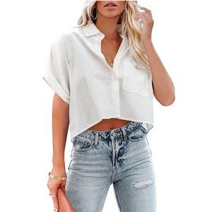 Camisa de Popelina Blanca para Mujer, Corte Crop, Manga Corta, Cuello Camisero, Ajuste Holgado, Estilo Casual, para Primavera/Verano, Uso Diario - Product Image 1