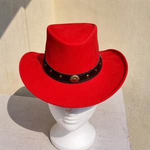 Premium Quality Custom Handmade <b>Red</b> Leather <b>Cowboy</b> <b>Hat</b> Western Outback Festival Steampunk Costume Party Wear - Product Image 4
