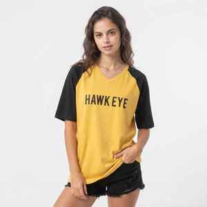 Hawk Eye Women's Yellow Black Half Sleeve <b>V</b>-<b>Neck</b> <b>T</b>-<b>Shirt</b> Loose Fit Casual Jersey Print Logo Top Spring Summer 100% Cotton - Product Image 1