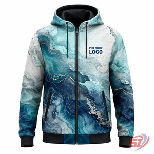 เสื้อฮู้ดดี้สั่งทำแบรนด์ส่วนตัว สีเขียวน้ำทะเล ซิปยาว พิมพ์ลายทั่วตัว รับผลิตแบบ OEM ODM เสื้อผ้าสตรีทแวร์ ขายส่ง - Product Image 1