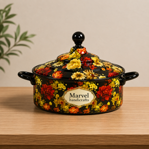 Casserole en émail noir à motifs floraux Marvel Handicrafts avec couvercle, pot de service haut de gamme, ustensile de cuisine résistant à la chaleur pour la cuisine, la salle à manger et les occasions festives - Product Image 1