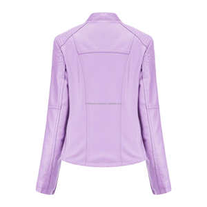 Lavande fermeture éclair Moto Biker Style ajusté matelassé point cuir vestes pour femmes avec dentelle Accents poches zippées automne élégant - Product Image 2