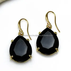 Black Onyx gemstone earrings in 925 sterling silver Handmade Gold Plated Indian Jewelry By Asian Jewellers