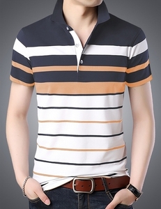 Camiseta Polo de Algodón para Hombre, Nueva Tendencia, Cuello en Contraste, Puños de Manga a Rayas, Moda Urbana, Tacto Suave, Prenda Esencial Diaria - Product Image 1