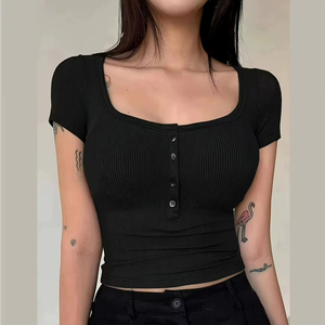 Camiseta de punto acanalado casual de manga corta ajustada para mujer con aberturas, tops lisos de verano - Product Image 2