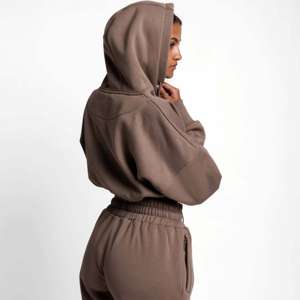 Sudadera corta color topo para mujer, informal, de manga larga, con cordón ajustable - Product Image 5