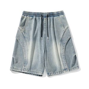 Shorts Bermuda en jean délavé écologique vintage pour homme, taille haute élastique, style décontracté, gris clair, 100 % coton - Product Image 1