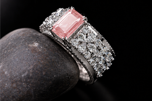 Emerald Cut Fancy Pink Lab Grown Diamond <b>Ring</b> ,Bridal <b>Ring</b> Set, Vintage Floral Engagement <b>Ring</b>, <b>Statement</b> <b>Ring</b> - Product Image 4