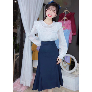 Chemisier de bureau élégant pour femme, à manches longues, col Peter Pan à volants, couleur unie, pour fournisseurs de boutiques et de vente au détail (vente en gros) - Product Image 6