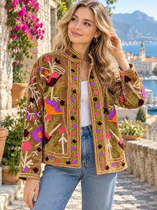 Hand Embroidered <b>Velvet</b> Jacket, Boho Floral Jacket, Colorful Suzani Style Coat - Product Image 1