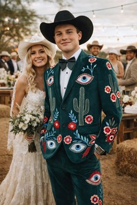 Costume Western brodé vert foncé pour homme avec motifs floraux, cactus et yeux – Ensemble blazer et pantalon style cowboy pour mariage et soirée - Product Image 2