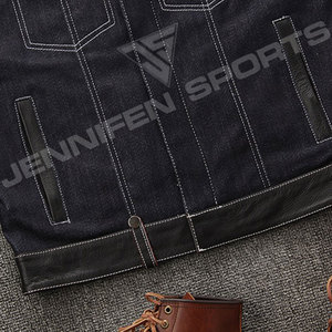 Gilet en cuir véritable/denim pour homme, coupe diamant, veste sans manches de qualité supérieure pour la moto, avec plusieurs poches - Product Image 3