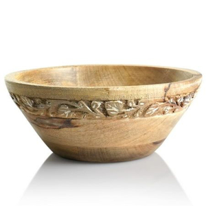Bol de service en bois naturel avec accent métallique, forme ronde, vaisselle de table, bols de service pour aliments et salades - Product Image 2