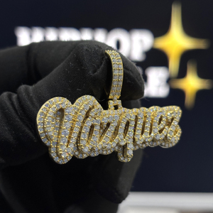 <b>Custom</b> Pave Script <b>Name</b> Pendant 925 Sterling Silver VVS Moissanite Fully Iced Raised Letter Hip Hop <b>Necklace</b> Yellow Gold Unisex - Product Image 3