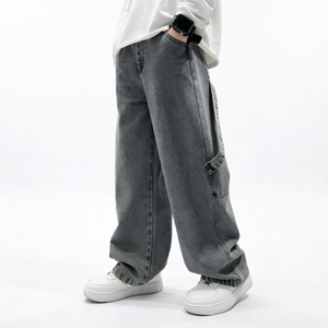 Men Wide Leg Stonewashed Denim Pants <b>Elastic</b> <b>Waist</b> Casual Streetwear Cotton Canvas Autumn Breathable Side Pockets Straight <b>Jeans</b> - Product Image 1