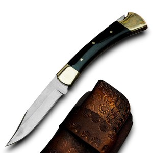 Navaja de bolsillo plegable de acero inoxidable de alta calidad con mango de cuerno de toro y pomo de latón, imprescindible, con cuchillas afiladas como una navaja, OEM - Product Image 1