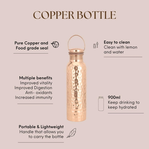 Botella de Agua Portátil Reutilizable Ecológica de Cobre Pulido y Martillado, Recipiente Ayurvédico Hecho a Mano con Tapa Premium - Product Image 2